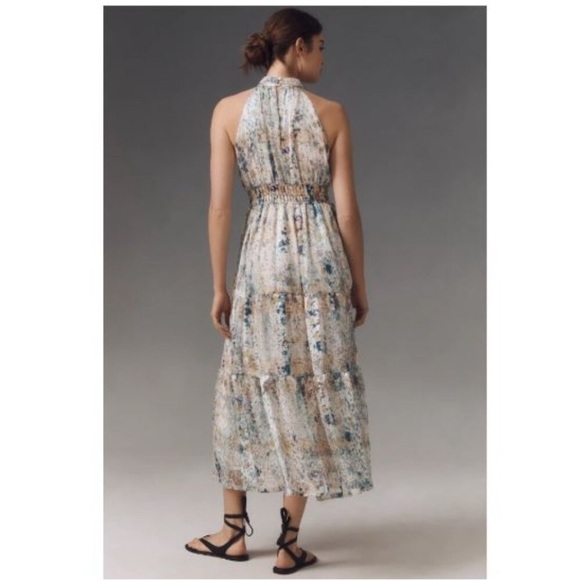 Anthropologie Floral Halter Maxi Dress in Cream and Blue - Picture 2 of 8